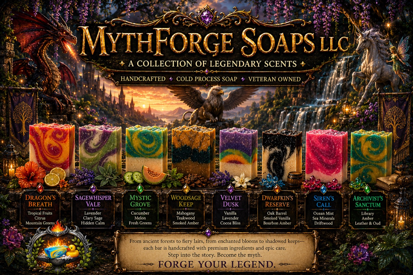 Mythforge Soaps — a collection of legendary scents. Handcrafted, cold process soap, veteran owned.